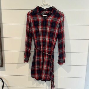 Banana Republic Red and Navy Plaid Long Sleeve Dress